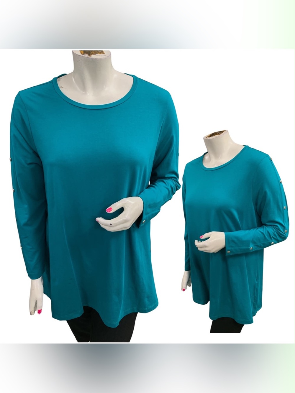 Chico's Teal Long-Sleeve Crewneck Top with Sleeve Button Detail Size XL